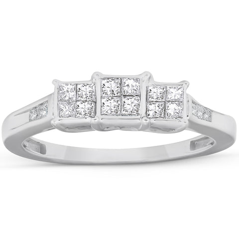 1/2 Ct Princess Cut Diamond Three Stone Engagement Ring 10k White Gold