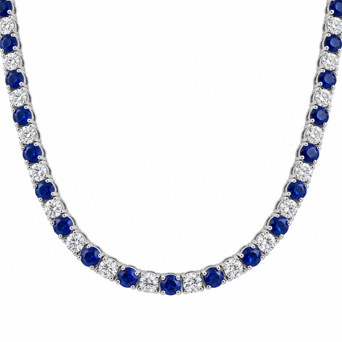 30Ct Blue Sapphire & Diamond Tennis Necklace 14k Gold 16.5" Lab Grown