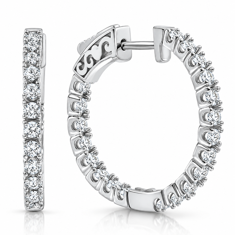 VS/G 1.75Ct Diamond Hoops Inside Outside 1 1/3" 14K White Gold Lab Grown