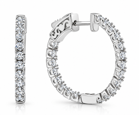 G/VS 2Ct Lab Diamond Hoops Inside Outside 1 1/3" Silver Earrings