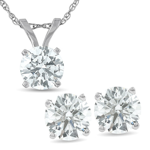 2 Cttw Round Cut Diamond Solitaire Necklace & Screw Back Stud Earrings Set 14K White Gold