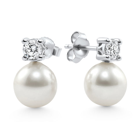 .40Ct Diamond & 8mm Pearl Studs Earrings Lab Grown