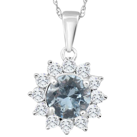 1 1/2Ct Blue Topaz & Diamond Halo Pendant 10k White Gold Women's Necklace