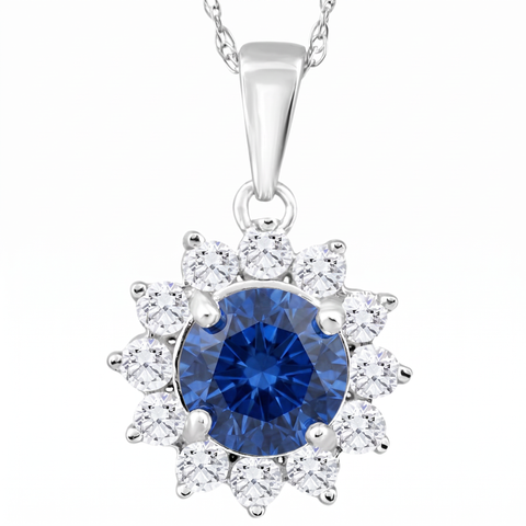 1Ct TW Blue Sapphire & Diamond Halo Pendant White Gold Women's Necklace