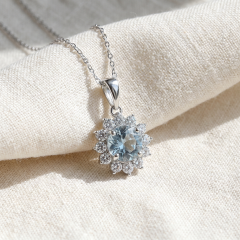 1 1/2Ct Blue Topaz & Diamond Halo Pendant 10k White Gold Women's Necklace