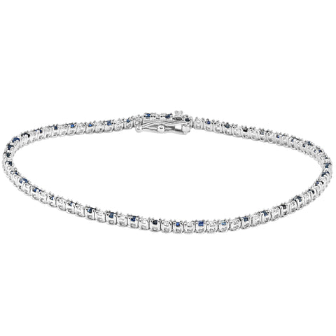 2ct TW Blue Sapphire & Round Diamond Genuine Tennis Bracelet 14K White Gold