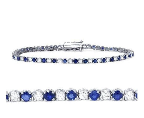 2ct TW Blue Sapphire & Round Diamond Genuine Tennis Bracelet 14K White Gold