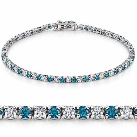 3ct TW Blue & White Real Diamond Tennis Bracelet 14K White Gold 7"
