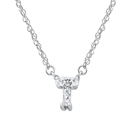 Diamond "T" Initial Pendant 18" Necklace 14K White Gold Lab Grown