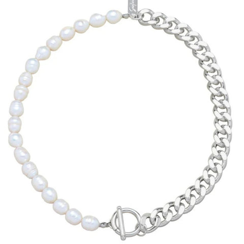 Fresh Water Pearl Half Curb Link Necklace 18" Toggle Clasp