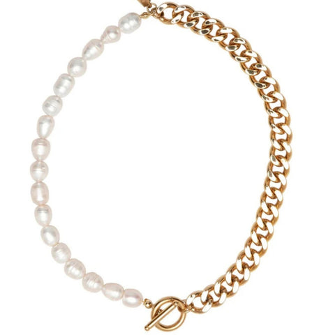 18k Yellow Gold Plated Fresh Water Pearl And Curb Link Necklace 18" Toggle Clasp