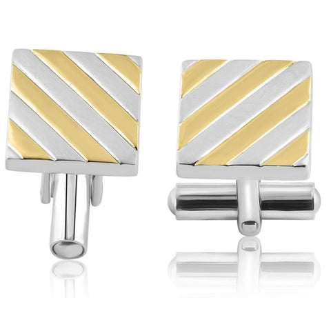 Men's Stainless Steel And Gold Striped Square Polished 14mm Cufflink
