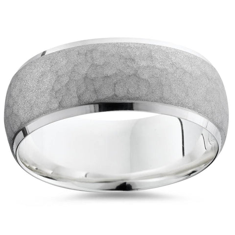 Mens Hammered 7MM 14 White Gold Wedding Band Ring