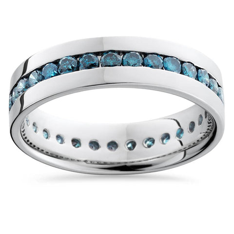 1 1/5ct Blue Round Diamond Channel Set Eternity Ring 14K White Gold Heat Treated