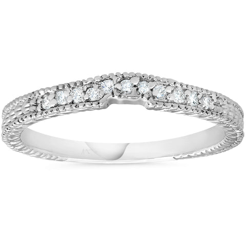 1/10ct Vintage Diamond Notched Wedding Ring 14K White Gold