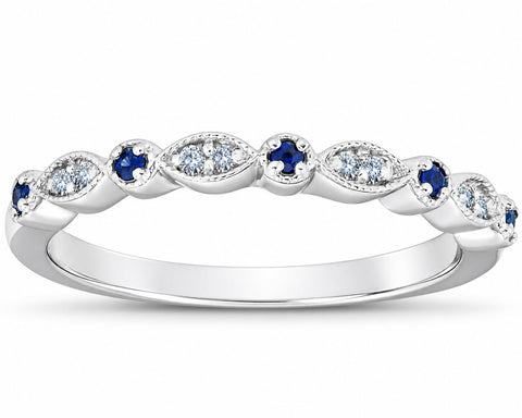 1/5ct Blue Sapphire & Diamond Wedding Ring Stackable Band 10k White Gold