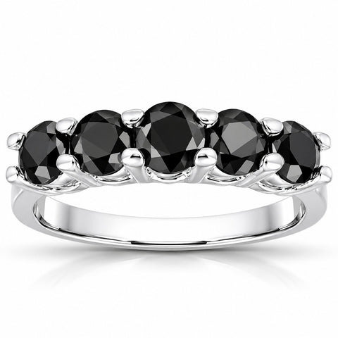 1 cttw Five Stone Black Diamond Wedding Anniversary Ring 14K White Gold Treated