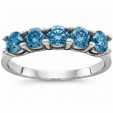 1ct Treated Blue Diamond Wedding Five Stone Ring 14k White Gold