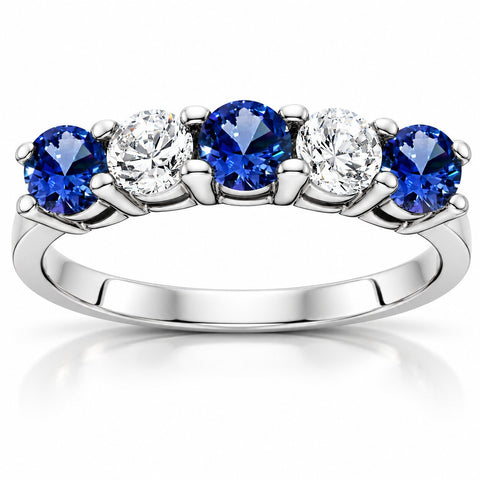 1.00Ct Genuine Blue Sapphire & Natural Diamond 5-Stone Ring 14K White Gold