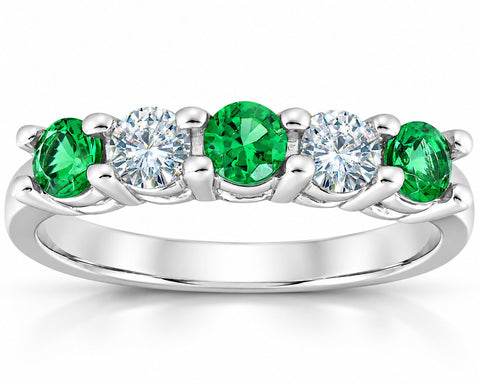 3/4ct Simluated Emerald & Diamond 5-Stone Wedding Ring 14K White Gold