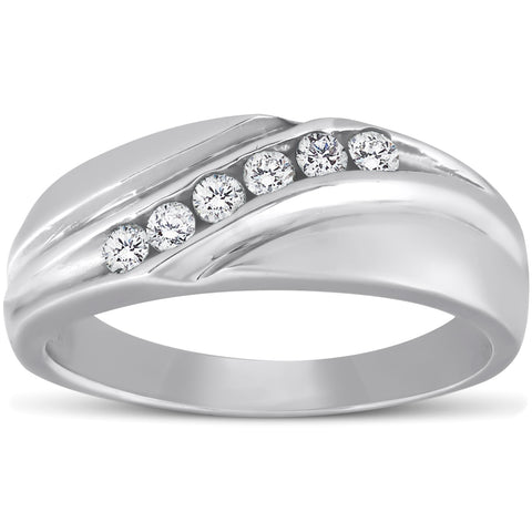 Mens 14K White Gold 1/4ct Diamond Wedding Ring High Polished Smooth Band