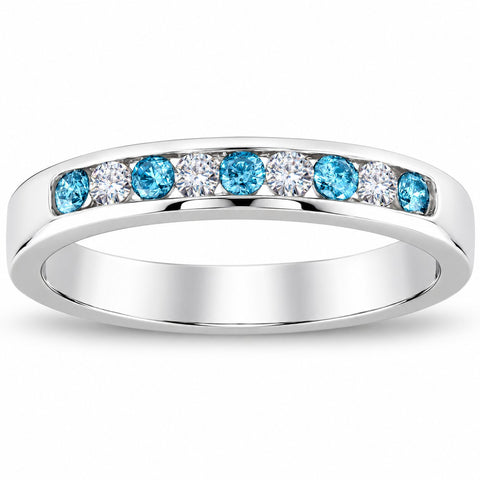 1/4ct Blue & White Diamond Wedding Ring 14K White Gold