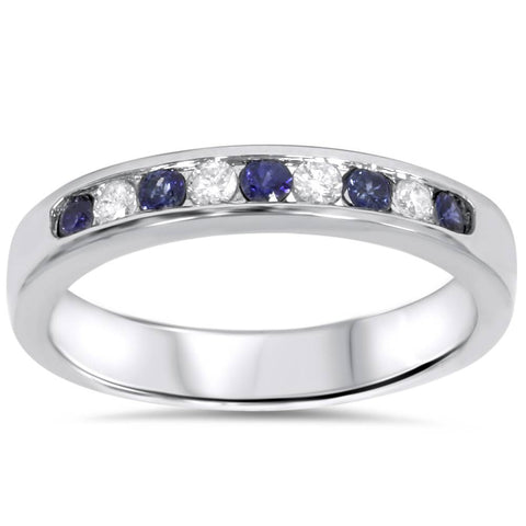 1/4ct Blue Sapphire Lab Grown Diamond Channel Set Wedding Ring 14K White Gold