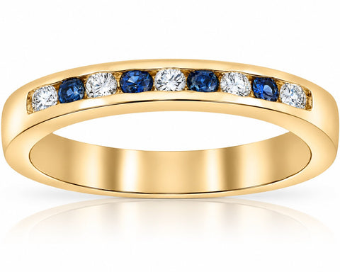 1/3ct Blue Sapphire & Round Diamond Wedding Yellow Gold Anniversary Guard Ring