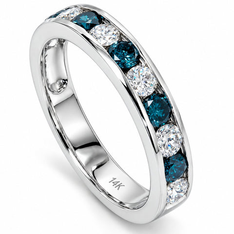 1 carat Channel Set Lab Grown Blue & White Diamond Ring 14K White Gold