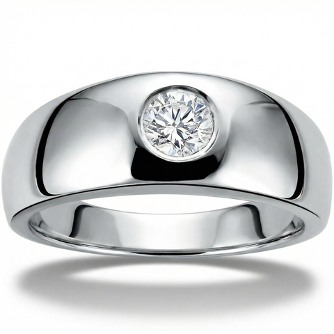 Mens 14k White Gold 1/2ct Solitaire Bezel Round Diamond Wedding Anniversary Ring