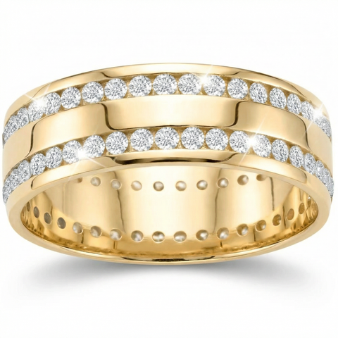 1 1/2ct Diamond Double Row Eternity Ring 14k Yellow Gold 7.5mm Wide Flat Band