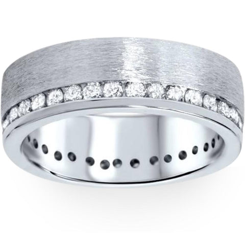 1 1/10ct Diamond Eternity Ring Men's 6mm Brushed Wedding Band 14k White Gold