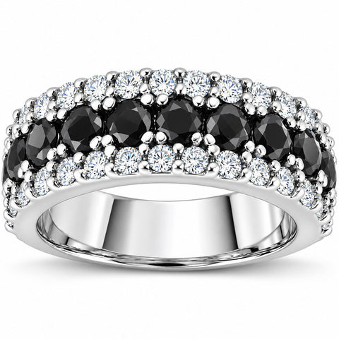 1 5/8ct Treated Black & White Diamond Wide Womens Wedding Ring 14K White Gold