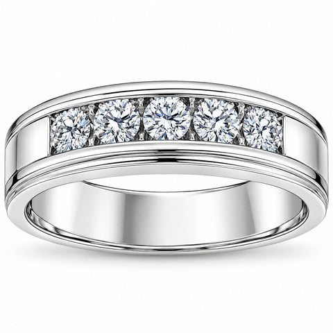 1 Ct Mens Diamond 5-Stone Wedding Ring Channel Set Classic Ring White Gold