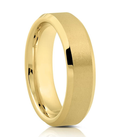 Mens Gold Plated Tungsten Ring 6mm Comfort Fit Brushed Beveled Edge Wedding Band