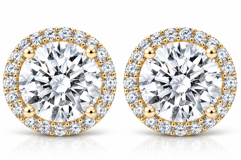 VS 2 1/5 Ct Diamond Halo Screw Back Studs Yellow Gold Moissanite
