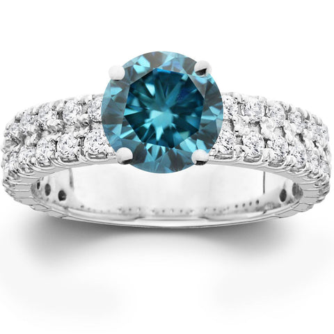 3.40Ct Heat Treated Blue & White Diamond Engagement Ring 14K White Gold
