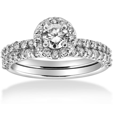 1 cttw Diamond Round Halo Solitaire Engagement Wedding Ring Set 14k White Gold