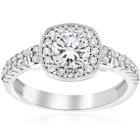 1ct Diamond Cushion Halo Vintage Engagement Ring 14K White Gold Round Jewelry