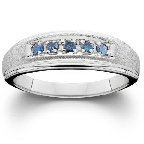1/6ct Treated Blue Diamond Wedding Band Mens Ring 14K White Gold