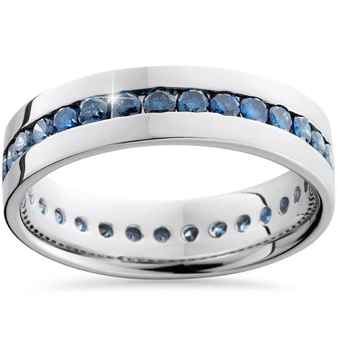 1 1/5ct Treated Blue Diamond Channel Set Eternity Ring 14K White Gold