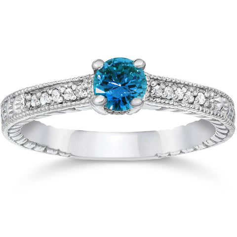 1/2ct Treated Blue & White Diamond Vintage Engagement Ring White Gold Solitaire
