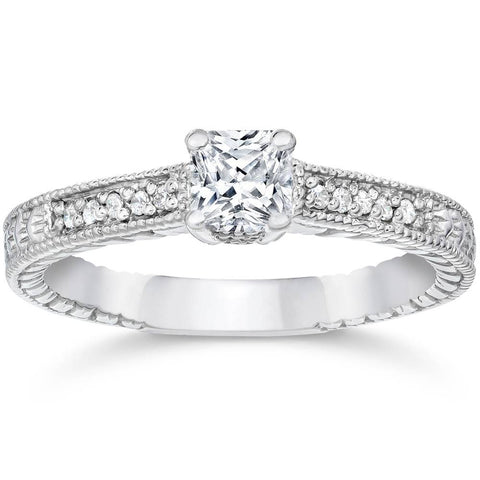 1/3ct Princess Cut Natural Diamond Vintage Engagement Ring 14K White Gold