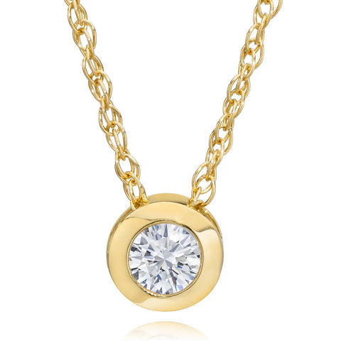 14K Yellow Gold 1/4 ct Round Diamond Solitaire Bezel Pendant Necklace 18"