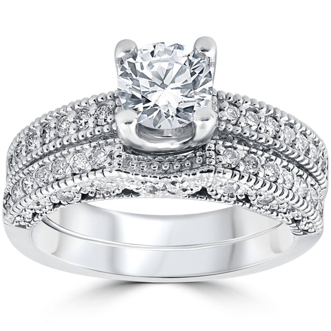 1 1/10ct Vintage Pave Diamond Engagement Wedding Ring Set 14 K White Gold