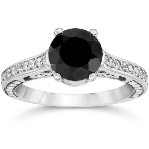 1 3/4ct Treated Black & White Vintage Diamond Engagement Ring 14K White Gold
