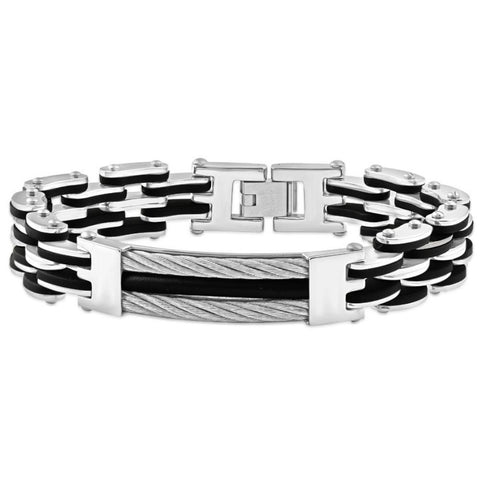 Men's Steel Brushed And Black Two Tone Double Wire 13.5mm Link  8 " Bracelet