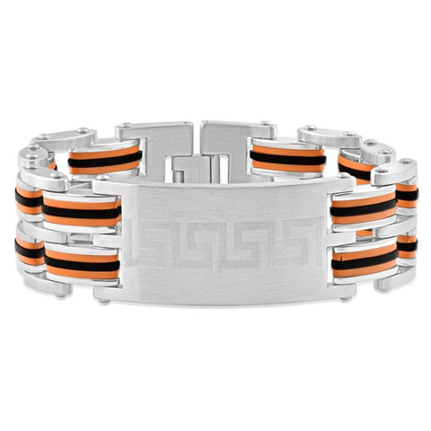 Men's Steel Brushed Orange And Black Three Tone 24mm Link Flexible 8 " Bracelet