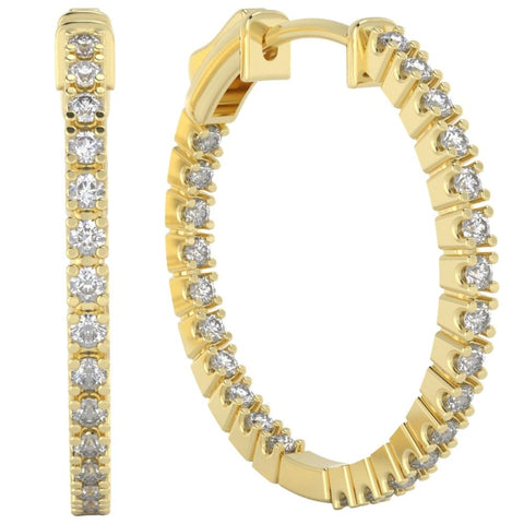 G/VS 1 Ct Diamond Hoops Women's Earrings Lab Grown 10k Yellow Gold 1"Tall