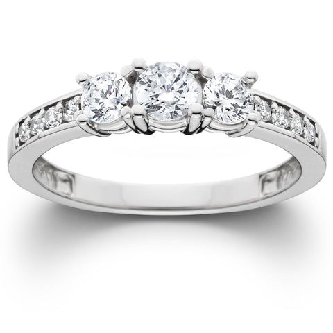 3/4ct Three Stone Round Diamond Engagement Ring 14K White Gold